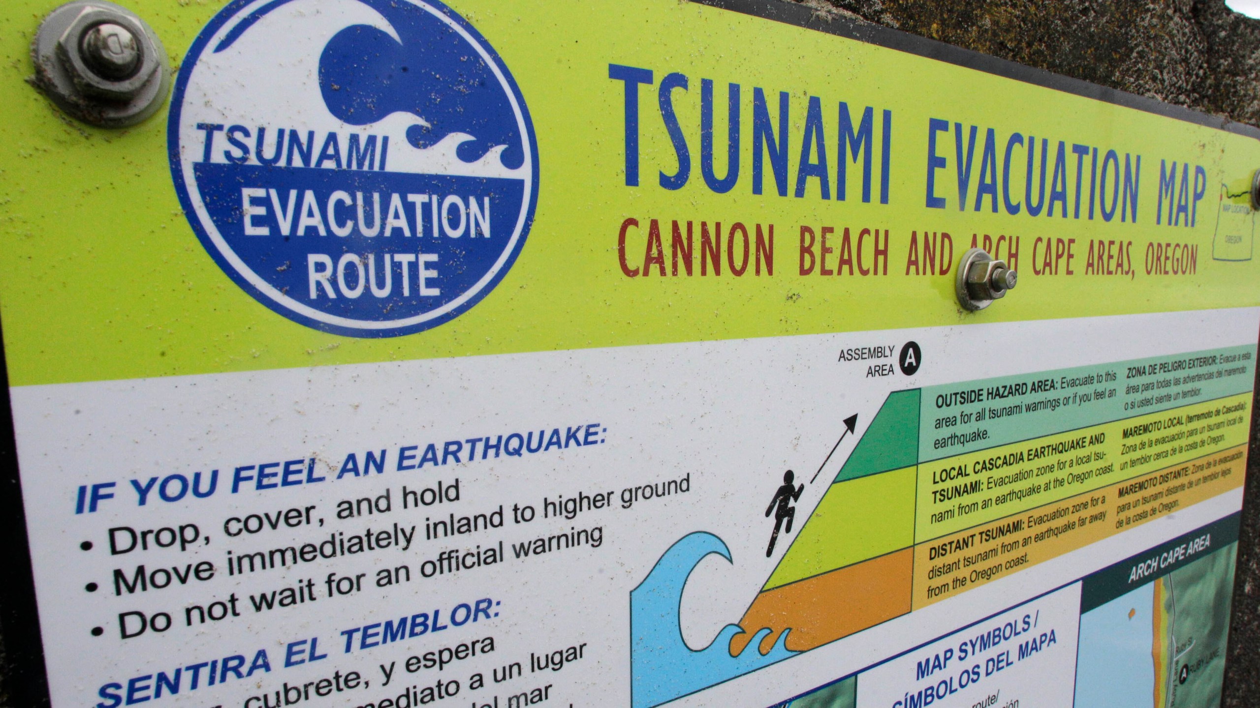 FILE - This March 16, 2011 photo shows a tsunami evacuation sign in Cannon Beach, Ore. (AP Photo/Rick Bowmer, File)