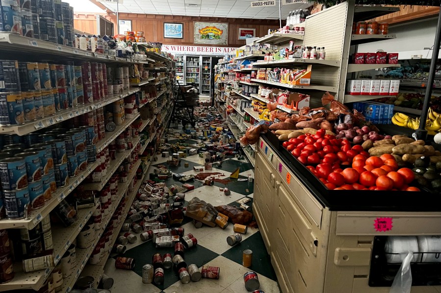 Drinks and other food items are toppled on the floor inside Hoby's Market and Deli after a 7.0 magnitude earthquake Thursday, Dec. 5, 2024, in Scotia, Calif. (Dylan McNeill/The Times-Standard via AP)