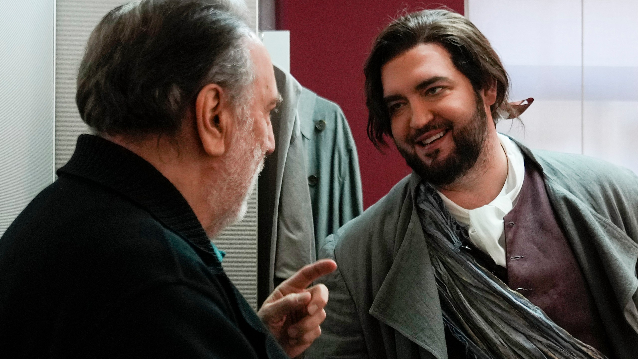 American tenor Brian Jagde talks with La Scala director Riccardo Chailly in his dressing room before performing in the general rehearsals of Giuseppe Verdi's "La Forza del Destino", opening the season at La Scala Opera House, in Milan, Italy, Thursday, Nov. 28, 2024. (AP Photo/Luca Bruno)