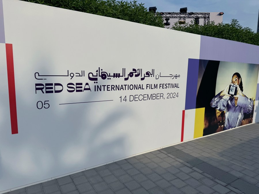 A view of the Red Sea International Film Festival banner displayed in Jeddah, Saudi Arabia, Thursday, Dec. 5, 2024. (AP Photo/Baraa Anwer)