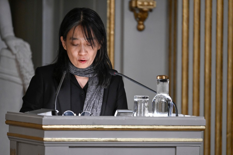 Nobel laureate in literature Han Kang speaks during this year's Nobel Prize lecture in literature at the Swedish Academy on Saturday, Dec. 7, 2024 in Stockholm, Sweden. (Pontus Lundahl/TT News Agency via AP)