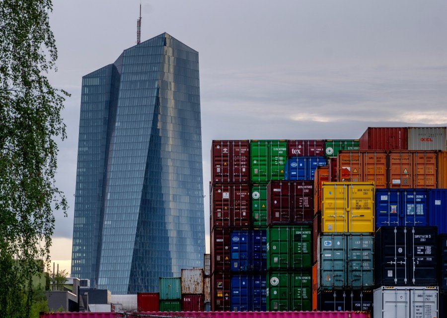 FILE - The European Central Bank is pictured next to containers in Frankfurt, Germany, on April 9, 2024. (AP Photo/Michael Probst, File)