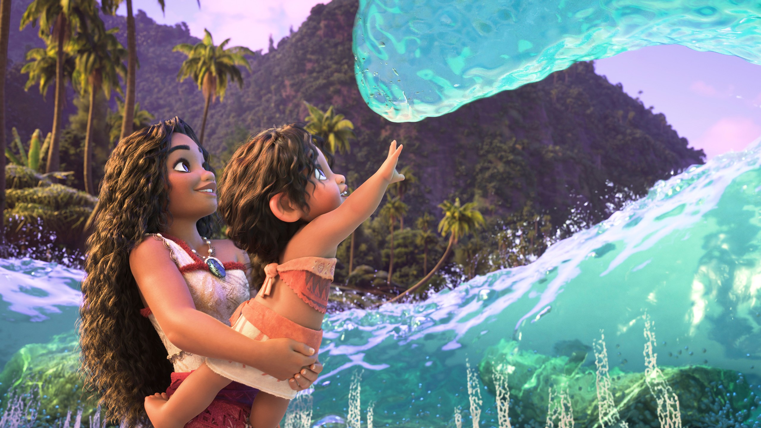 This image released by Disney shows the characters Moana, voiced by Auli'i Cravalho, holding Simea, voiced by Khaleesi Lambert-Tsuda, in a scene from "Moana 2." (Disney via AP)