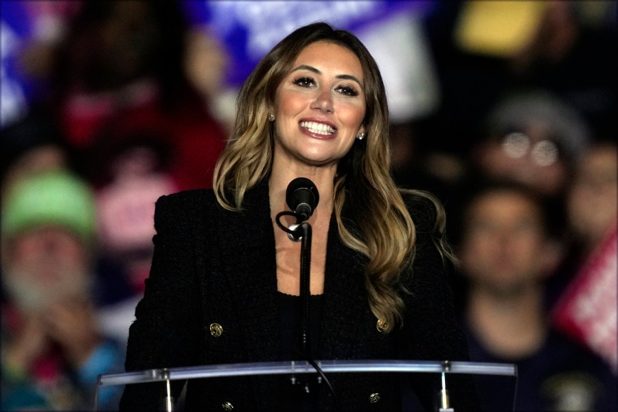 FILE - Alina Habba speaks before Republican presidential nominee former President Donald Trump at a campaign rally in Allentown, Pa., Tuesday, Oct. 29, 2024. (AP Photo/Matt Rourke, File)