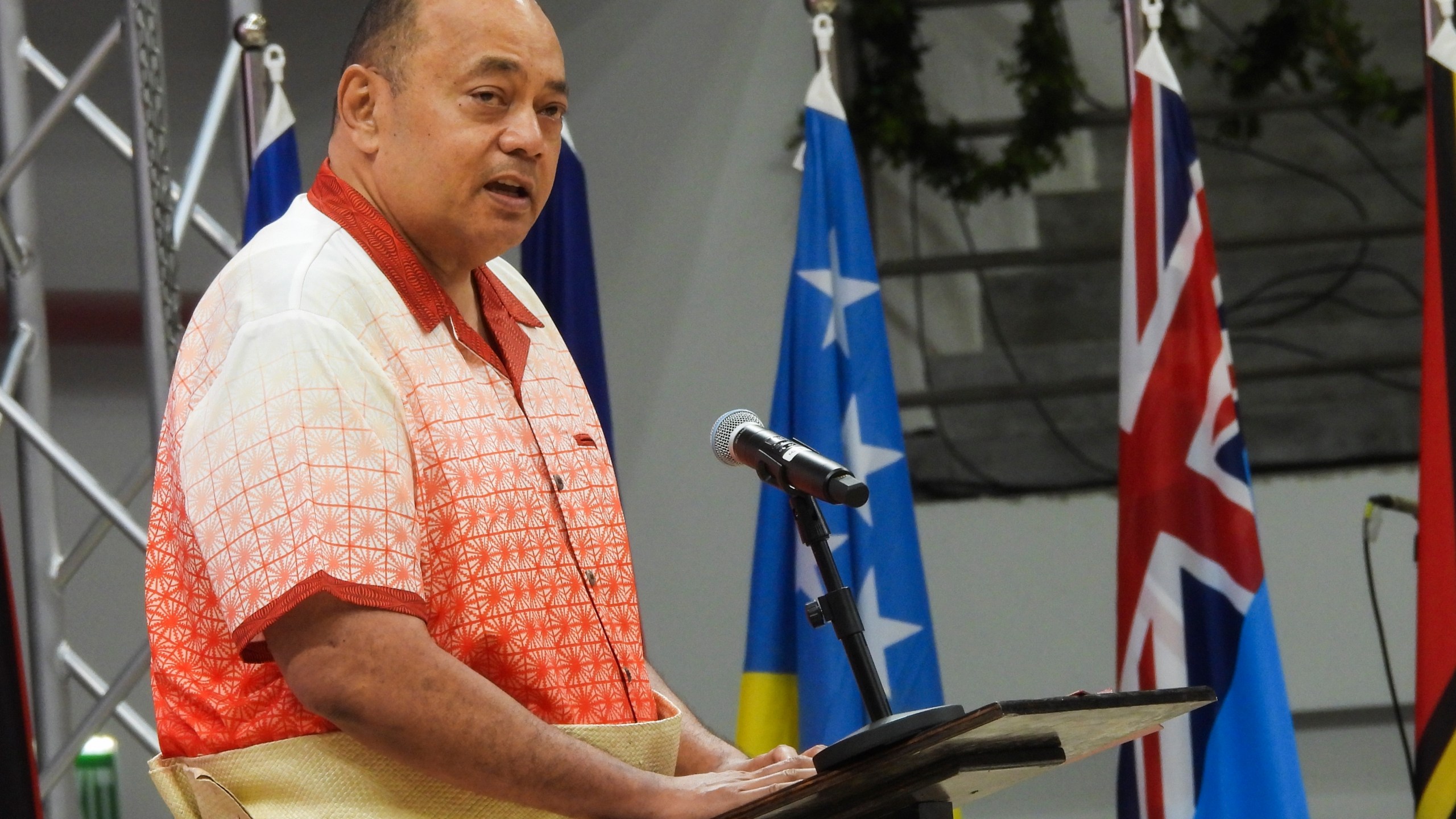 Tongan Prime Minister Hu'akavameiliku Siaosi Sovaleni speaks at the Pacific Islands Forum Leaders' Meeting in Nuku'alofa, Tonga on Aug. 26 2024. (AP Photo/Charlotte Graham-McLay)