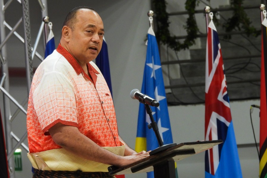 Tongan Prime Minister Hu'akavameiliku Siaosi Sovaleni speaks at the Pacific Islands Forum Leaders' Meeting in Nuku'alofa, Tonga on Aug. 26 2024. (AP Photo/Charlotte Graham-McLay)