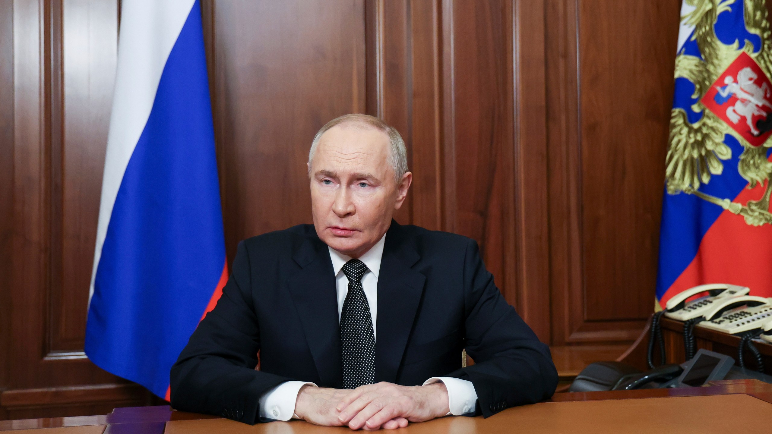 FILE - Russian President Vladimir Putin addressees the nation from the Kremlin in Moscow, Russia, on Nov. 21, 2024, about the use of a new hypersonic missile in Ukraine. (Vyacheslav Prokofyev, Sputnik, Kremlin Pool Photo via AP, File)