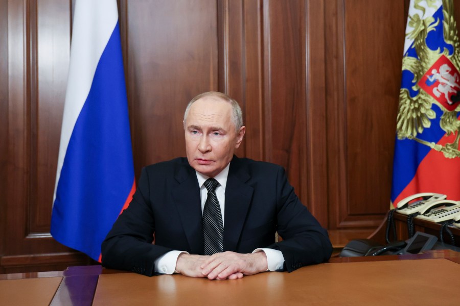 FILE - Russian President Vladimir Putin addressees the nation from the Kremlin in Moscow, Russia, on Nov. 21, 2024, about the use of a new hypersonic missile in Ukraine. (Vyacheslav Prokofyev, Sputnik, Kremlin Pool Photo via AP, File)