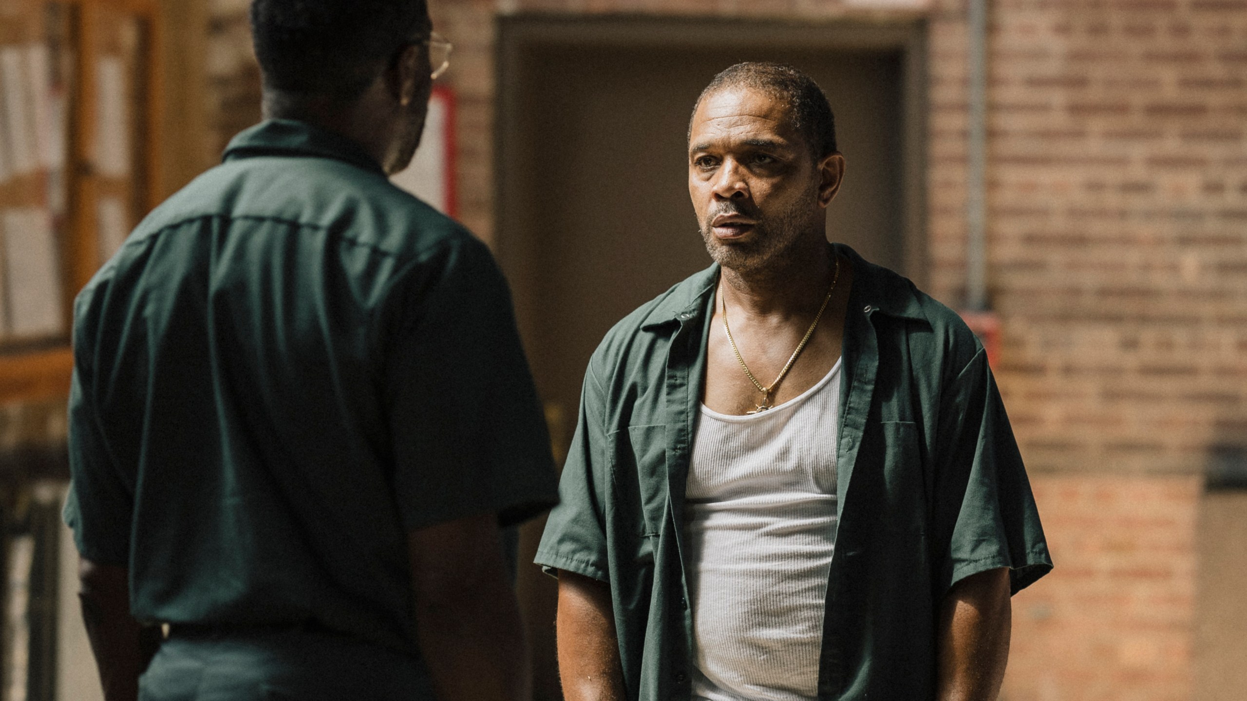 This image released by A24 shows Colman Domingo, left, and Clarence Maclin in a scene from "Sing Sing." (A24 via AP)