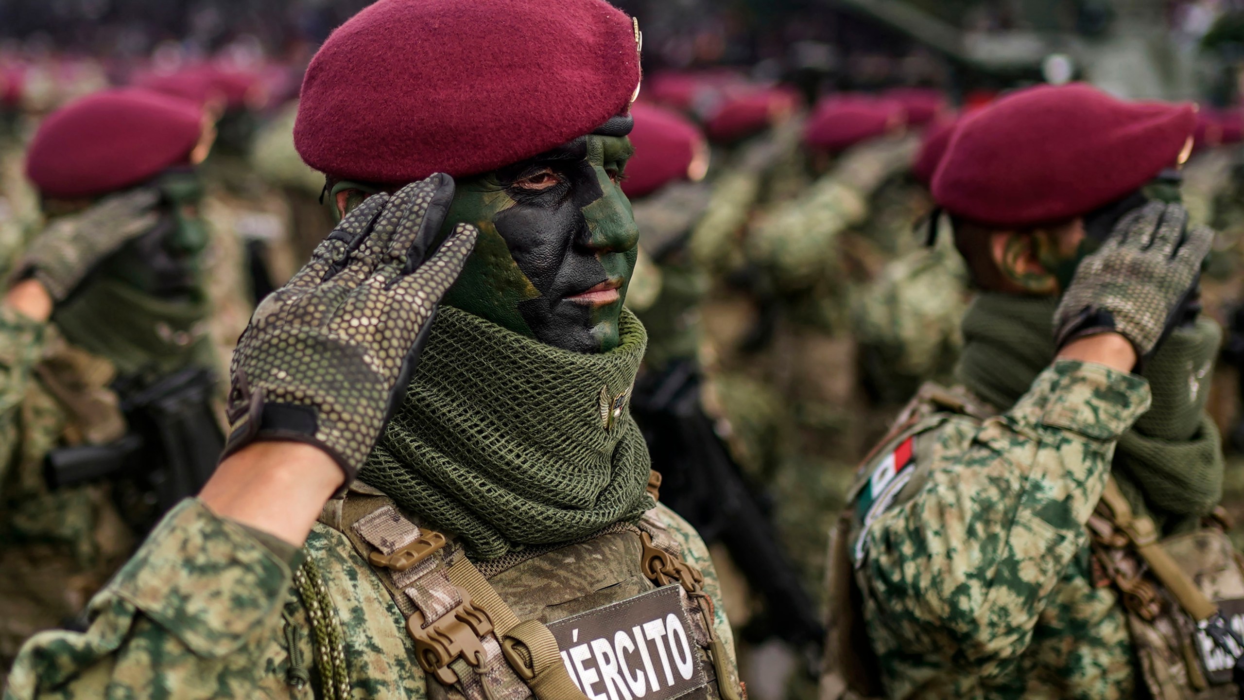 FILE - A soldier participates in the Independence Day military parade in the Zocalo, Mexico City's main square, Sept. 16, 2024. (AP Photo/Felix Marquez File)