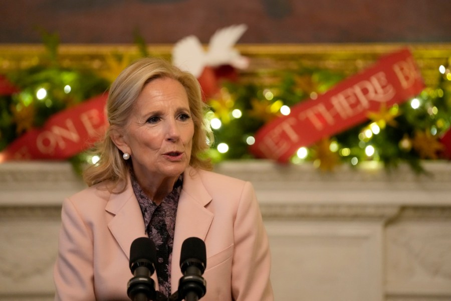 First lady Jill Biden speaks during an event with military families in the State Dining Room of the White House in Washington, Monday, Dec. 2, 2024.