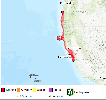A graphic displaying tsunami threats in Northern California and Oregon following a 7.3 earthquake.