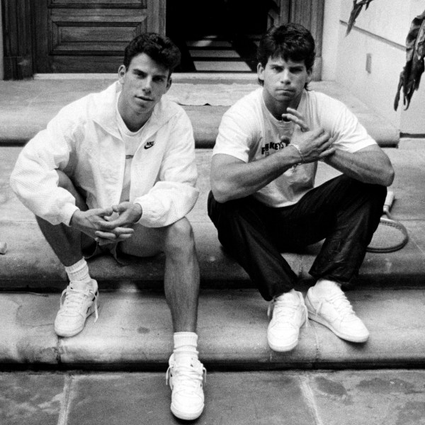 Menendez brothers, Erik, left, and Lyle, right, on the steps of their Beverly Hills home in November 1989.