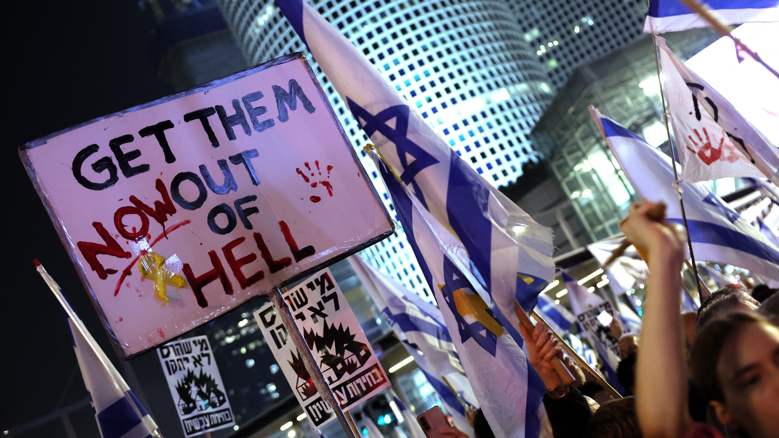 Demonstrators raise placards and wave flags during an anti-government protest.