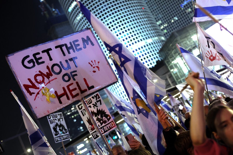 Demonstrators raise placards and wave flags during an anti-government protest.