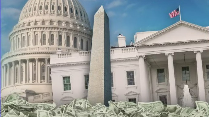 Collage image of the White House, Capitol building and Washington Monument on a bed of cash